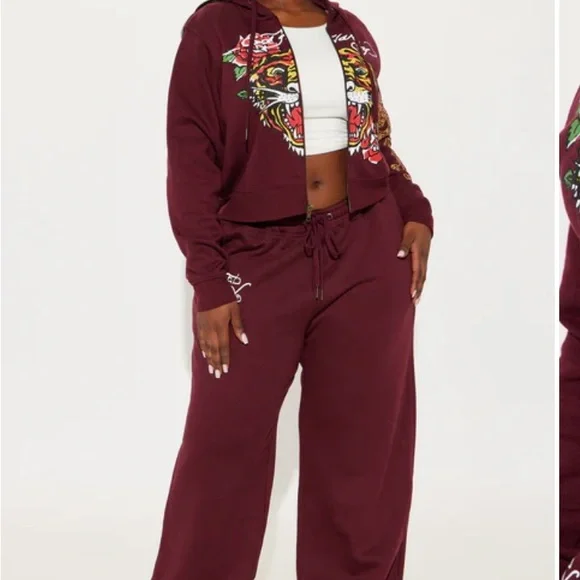 Ed Hardy Maroon Joggers w/ Hoodie with Tiger Print - Picture 5 of 10